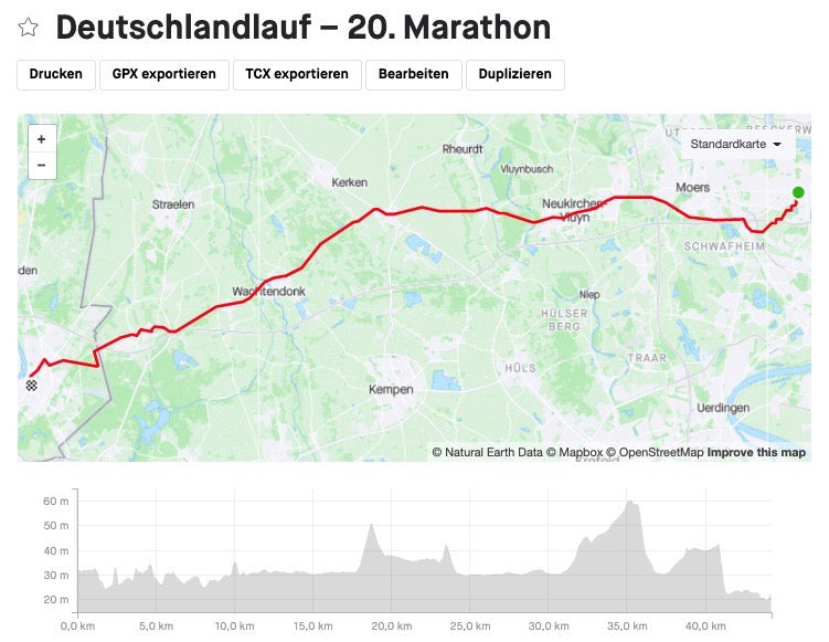 Route zum Spendenmarathon von Duisburg nach Venlo