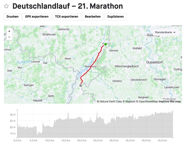 GPS Track zur Route des 21 Spendenmarathons von Venlo nach Selfkant