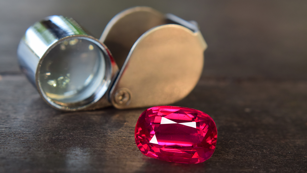 A cushion cut Ruby with a gem magnifying glass used to inspect gems for quality and clarity