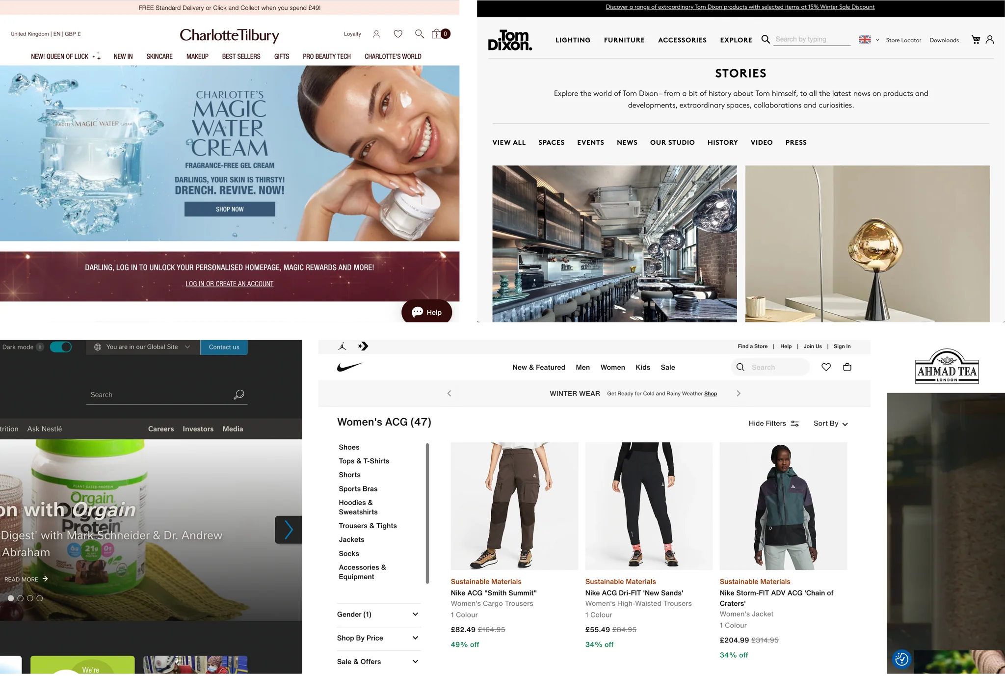 Different page examples of brands on Magento