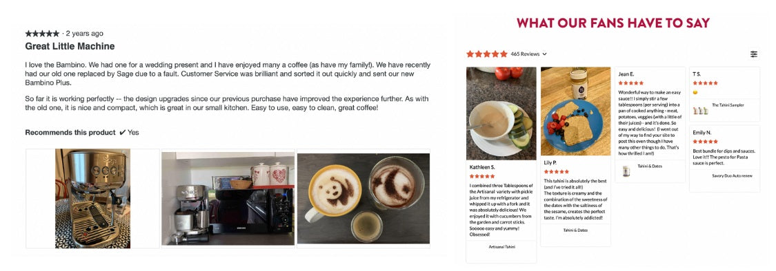 Two examples of UGC photos being used alongside written customer reviews