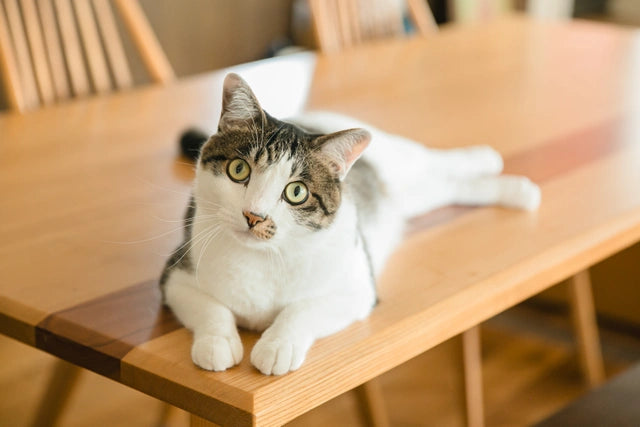 木製のテーブルの上に横たわり、カメラを見つめる白と灰色の縞模様の猫の画像。猫は大きな緑色の目をしており、注意深く何かを見つめている様子が伝わってくる。