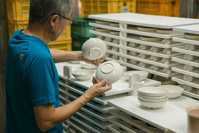 工場で陶器の品質検査をしている作業員の画像。作業員は青いシャツを着ており、手に持ったねこ茶碗の底を検査している。周りには積み上げられた多くの白い陶器が見え、厳格な品質管理プロセスが行われている様子がうかがえる。