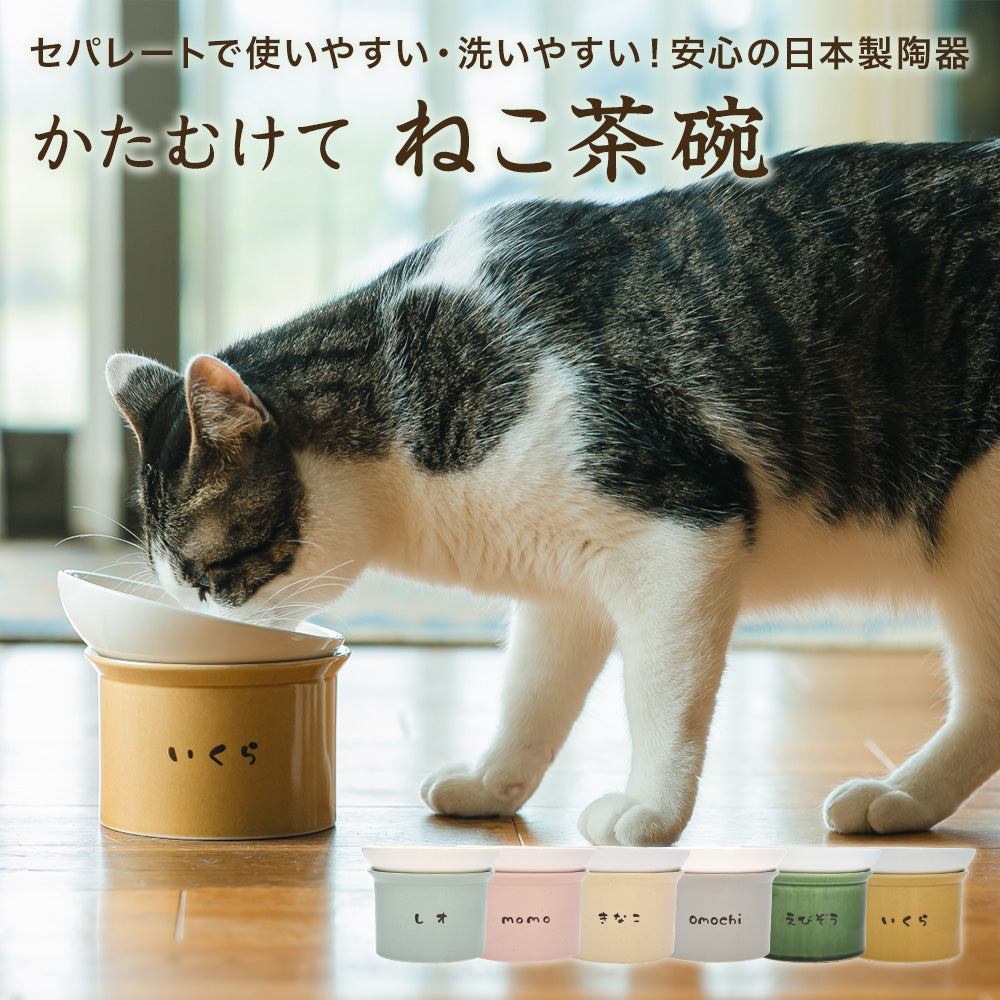 猫が円筒形の容器の上に置かれたボウルから飲んでいる画像。容器には猫の顔の絵文字があり、前には水色の容器に「レオ」、ピンクの容器に「momo」きな粉色の容器に「きなこ」薄灰色の容器に「omochi」織部色の容器に「えびぞう」黄瀬戸色の容器に「いくら」と名入れ付けされ並んでいる。画像上部の日本語テキストには、セパレートで使いやすい・洗いやすい！安心の日本製陶器かたむけてねこ茶碗と書かれている