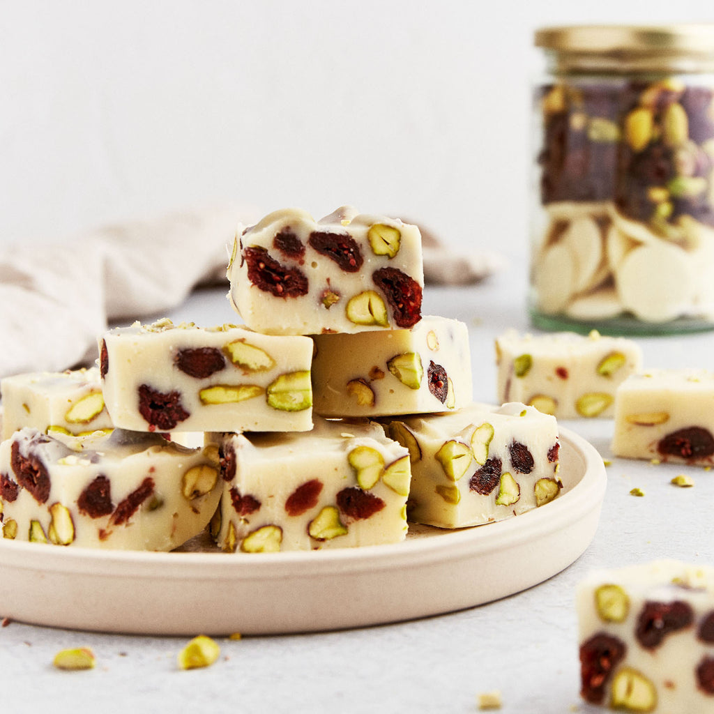 white chocolate fudge with cranberries and pistachios the source recipe in a jar