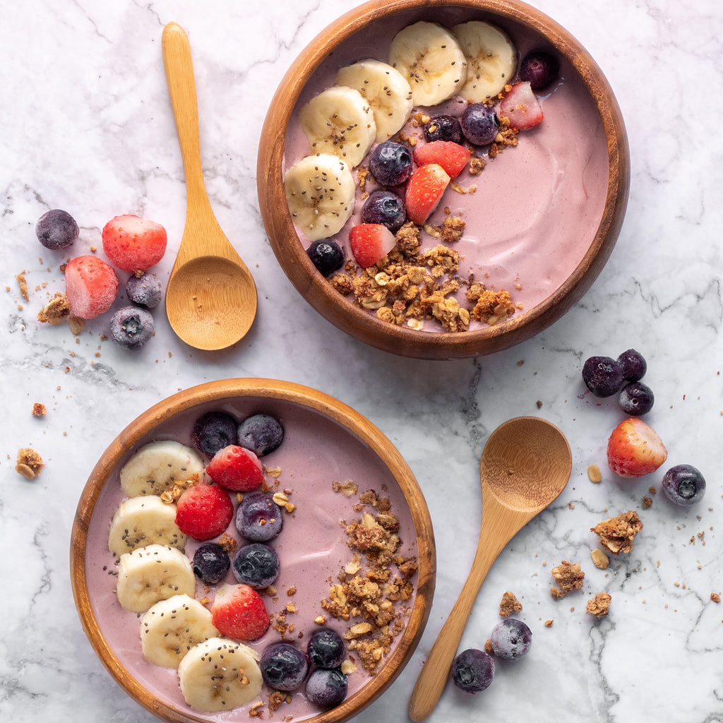 banana berry smoothie bowl breakfast acai with supplement collagen powder