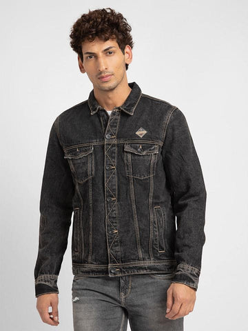 SPYKAR MEN BLACK COTTON SLIM FIT DENIM JACKET