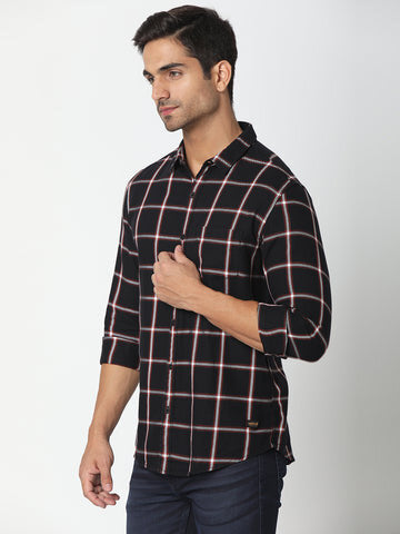 SPYKAR MEN BLACK COTTON SLIM FIT CHECKERED SHIRT