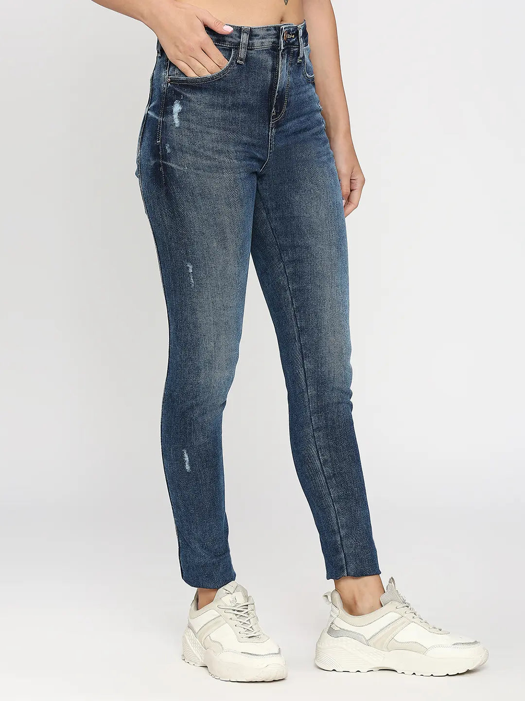Spykar Women Dark Blue Cotton Skinny Fit Ankle Length Low Distress Mid Rise Jeans (YNR)