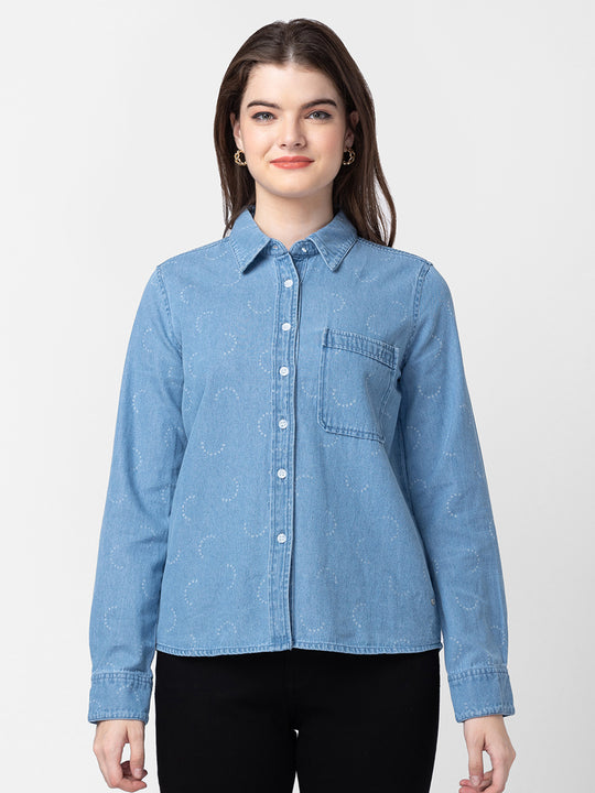 Spykar Slim Fit Blue Plain Full Sleeve Shirts For Men - mshnos0041skyblue