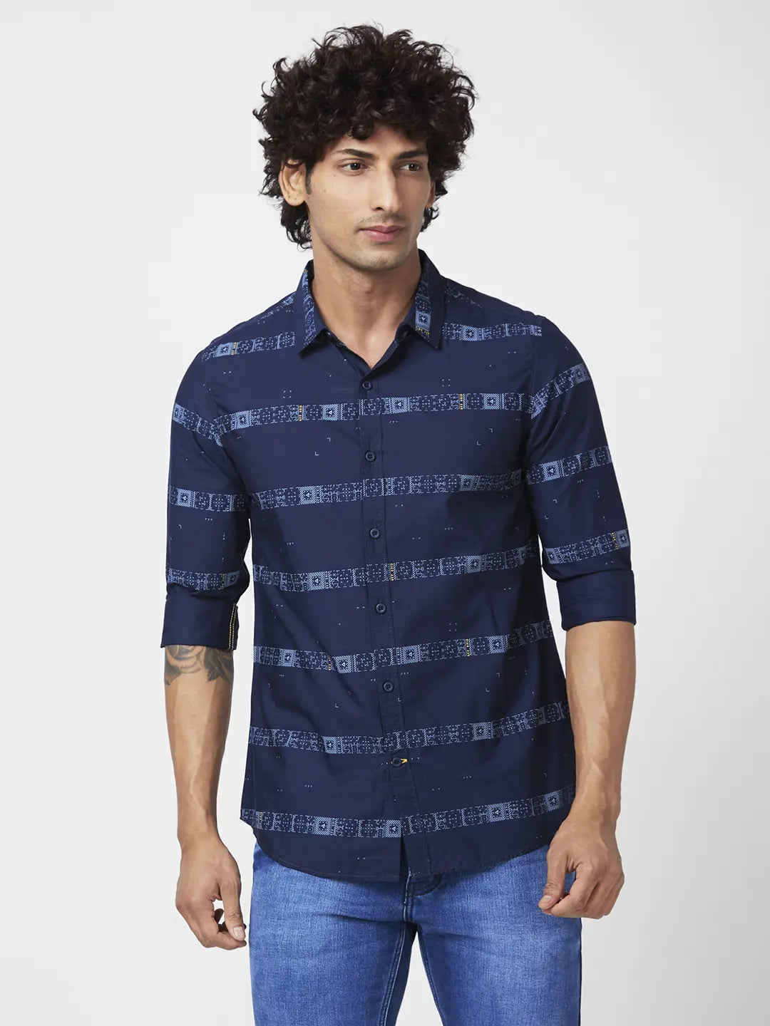 Spykar Men Navy Blue Cotton Slim Fit Checkered Shirt - mshcs1bc144navyblue