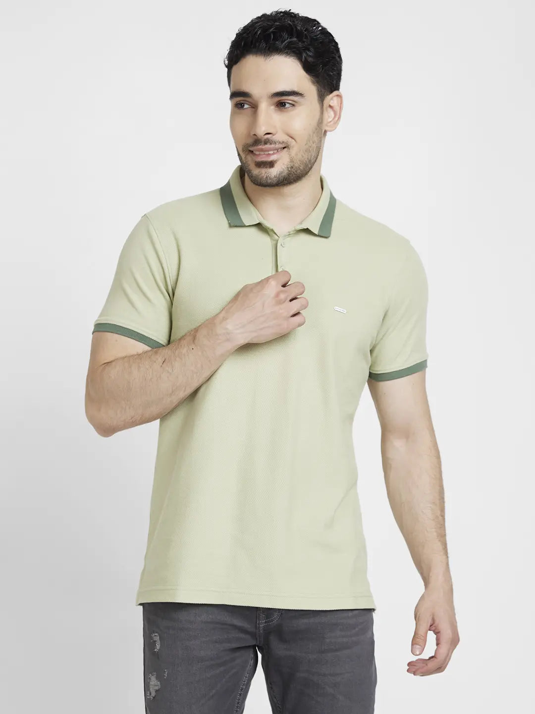 Buy Online|Spykar Men Dusty Pista Green Cotton Slim Fit Plain Polo Tshirt