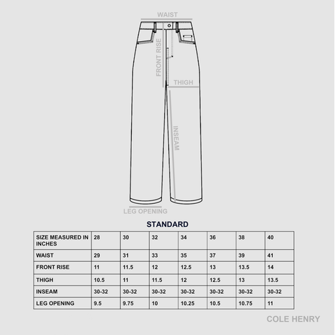 Washed Denim Standard Size Chart