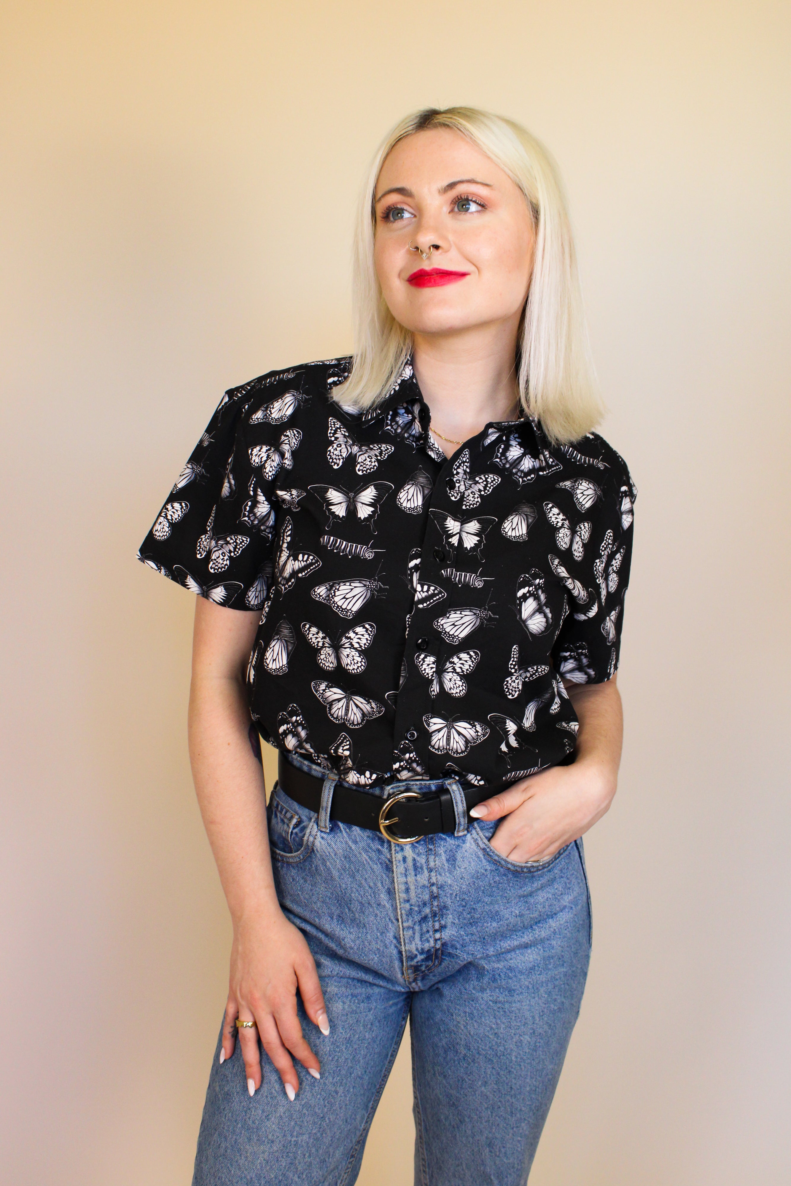 Black Butterfly Button Up