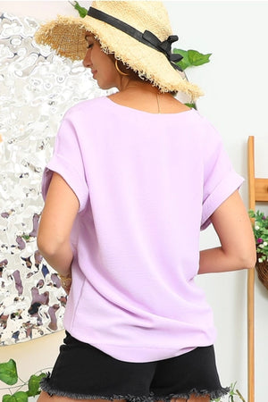 V Neck Trim Rolled Short Sleeve Blouse - J&M Designs Boutique