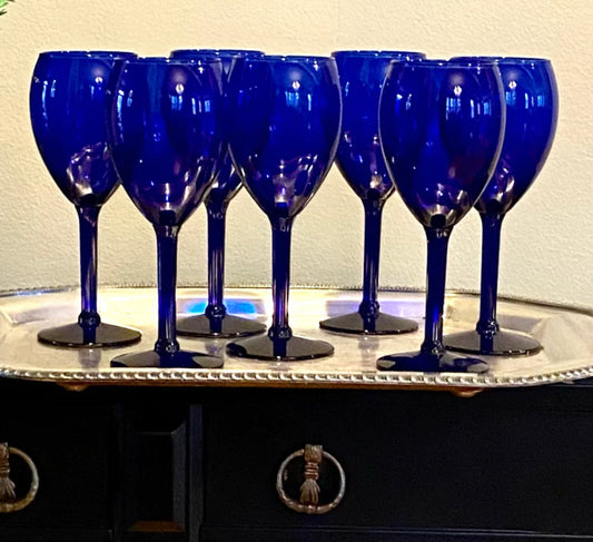 Set of 4 Libbey Sirrus Blue 12 Ounce Wine Goblets Concentric Rings Tall  Drinking Glasses Wine Glass Vintage Barware 