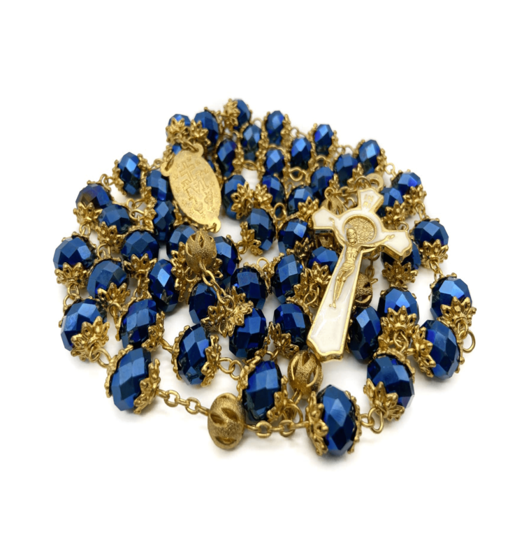 Deep Blue Crystal 10mm Beads Rosary Necklace St Benedict