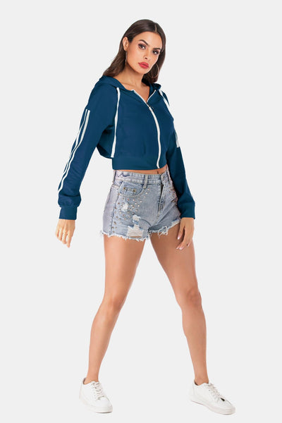Side Stripe Drawstring Cropped Hooded Jacket - Ziemay