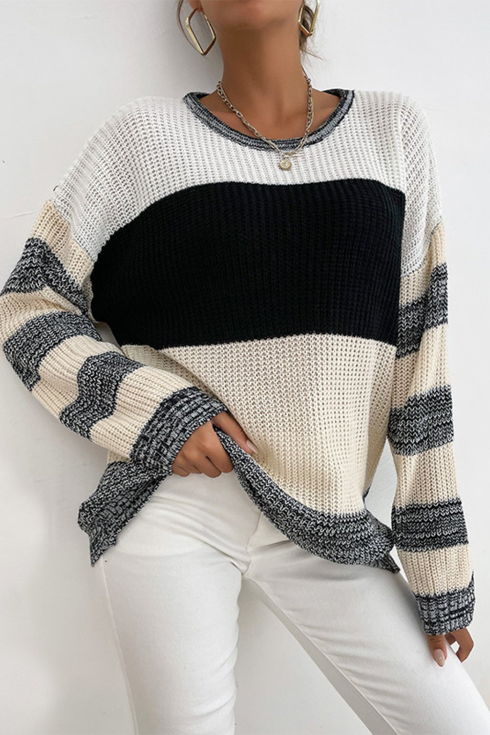 Striped Dropped Shoulder Pullover Sweater - Ziemay
