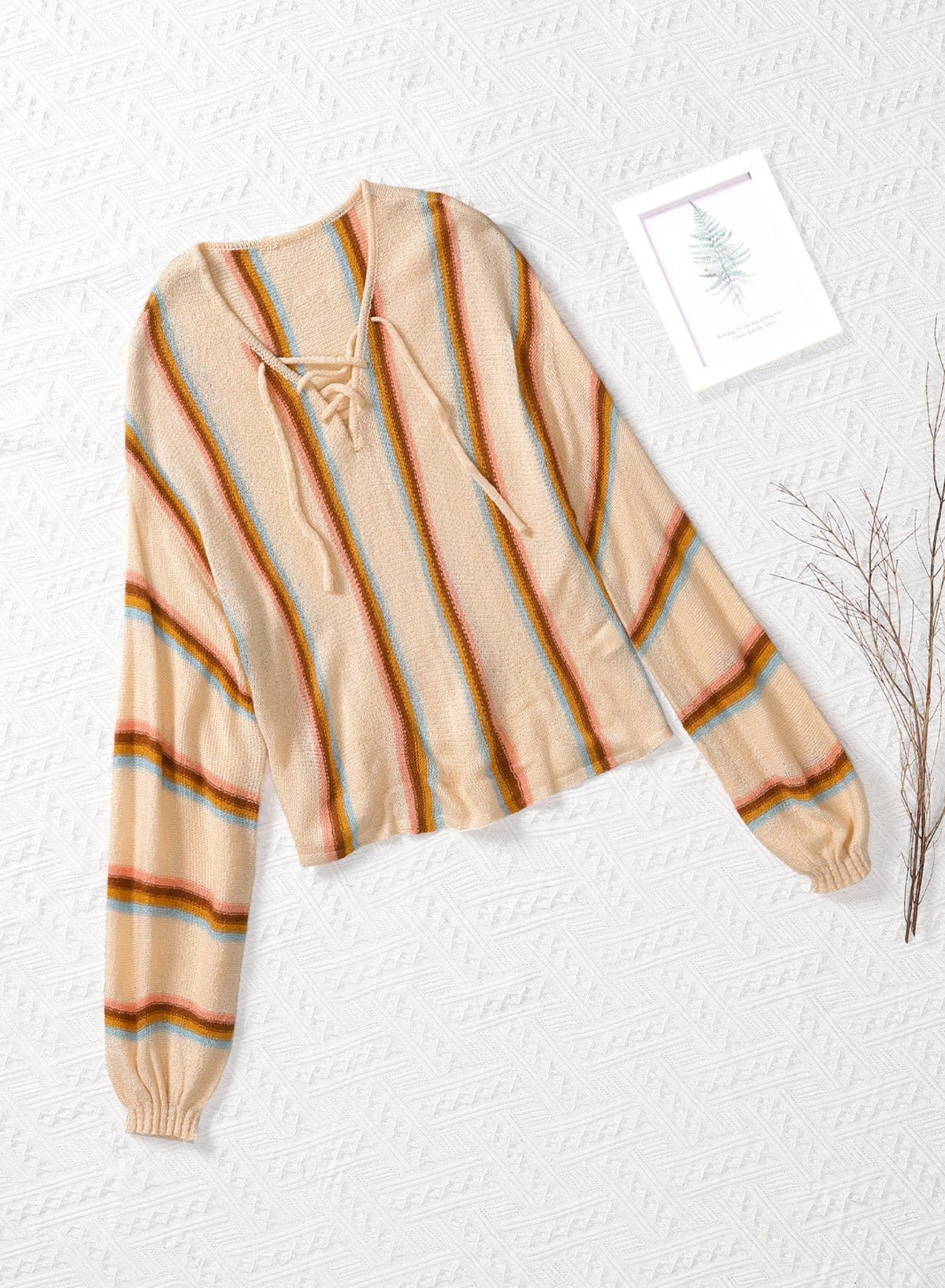 Striped Lace-Up Knit Top - Ziemay