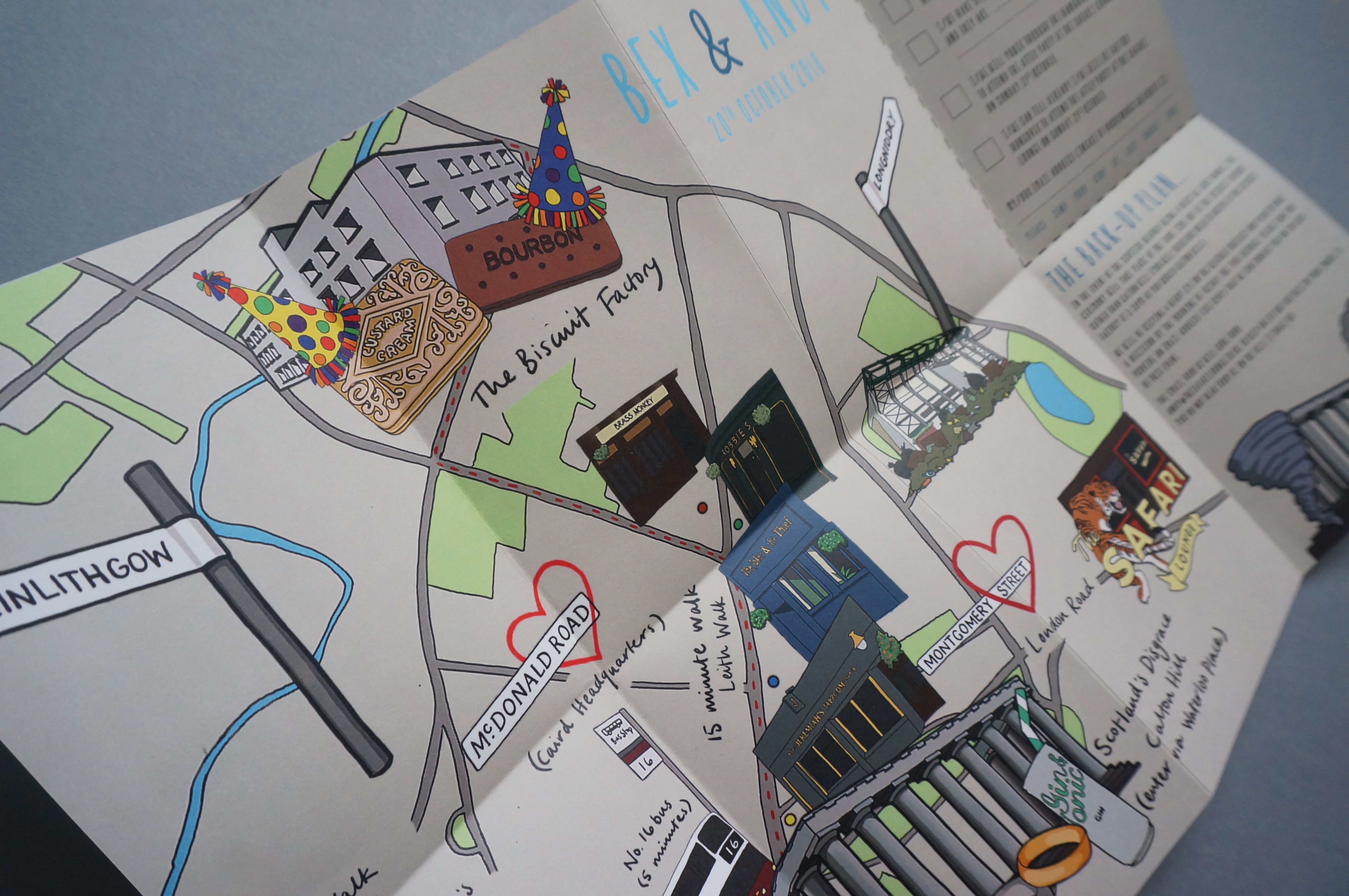 Illustrated map of Edinburgh wedding invitation 
