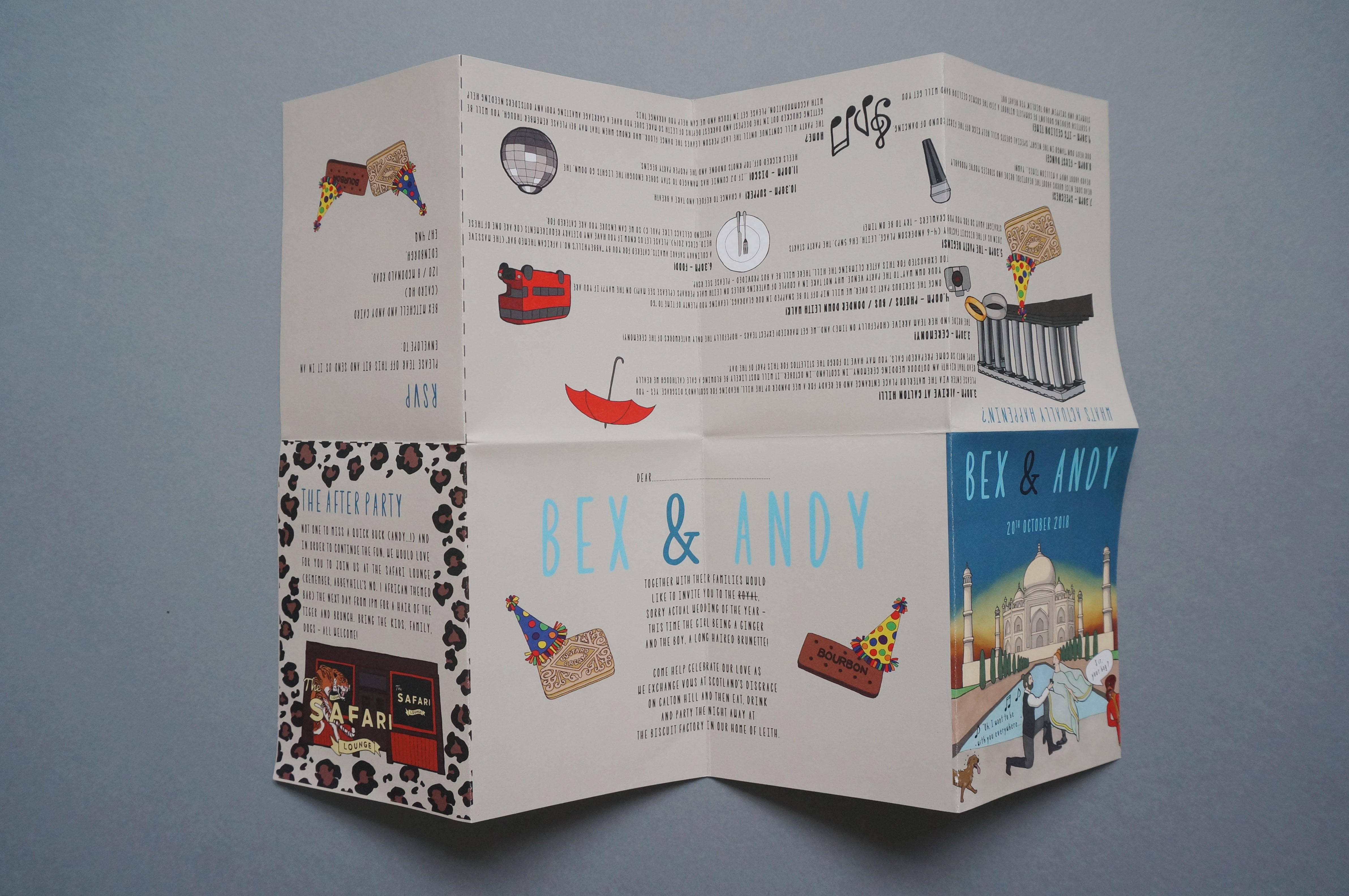 Bespoke Wedding invitation with additional wedding information for guests on a fold out design.