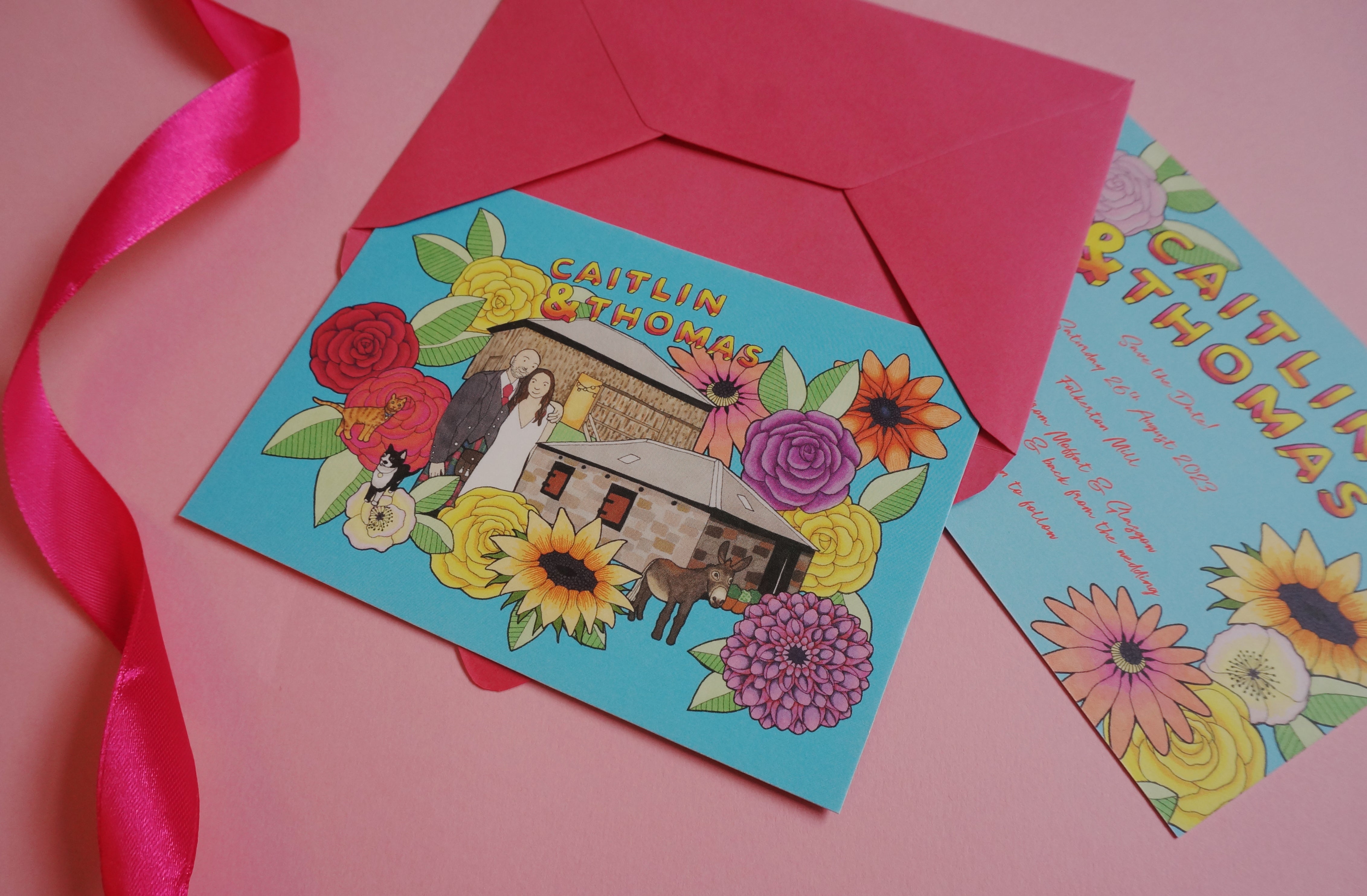 Colourful wedding save the date card.