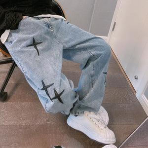 Men’s Baggy Straight-Leg Street Jeans with Pockets and Draped Fit