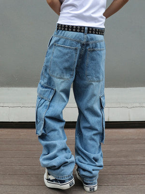 Men's Vintage Light Blue Loose Cargo Jeans with Multi Pockets