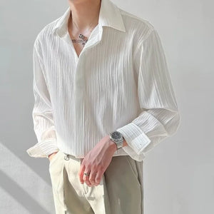 Men’s Long-Sleeve Pleated Dress Shirt with Casual Loose Fit