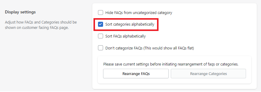 Bildschirm zum Anzeigen/Ausblenden jedes FAQ-Frageelements und zum Festlegen der Anzeigereihenfolge