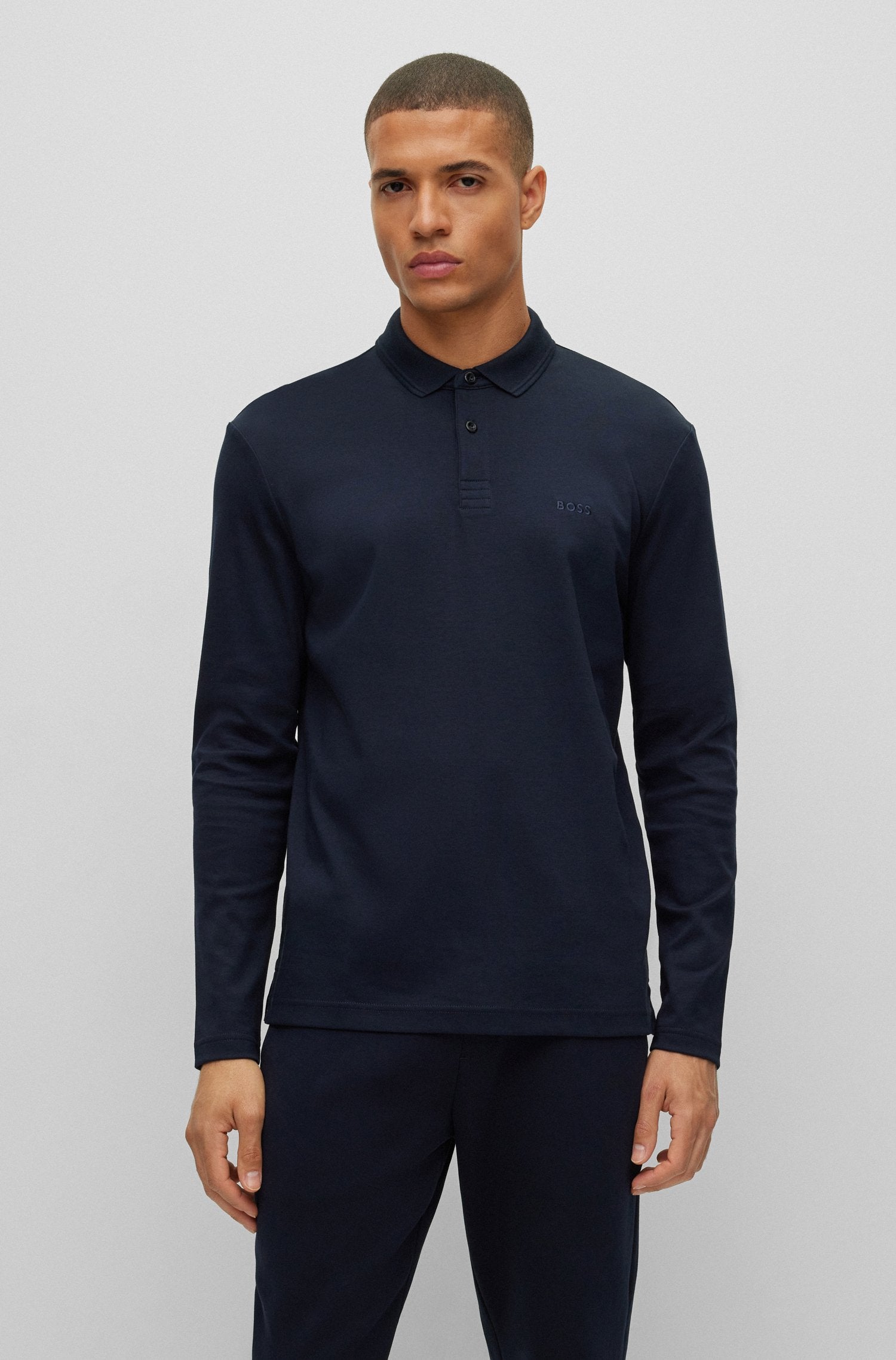 BOSS Pirol Long Sleeve Polo Shirt in Navy