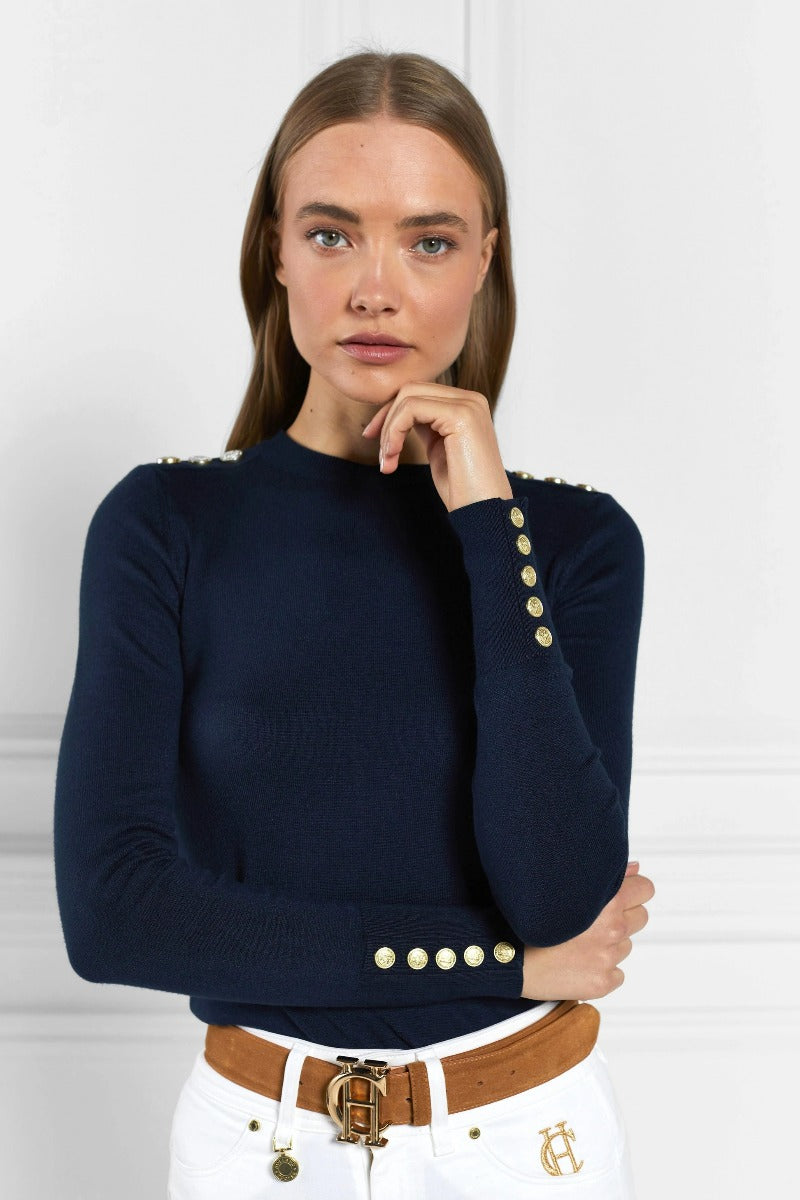 Holland Cooper Buttoned Knit Crew Neck in Ink Navy