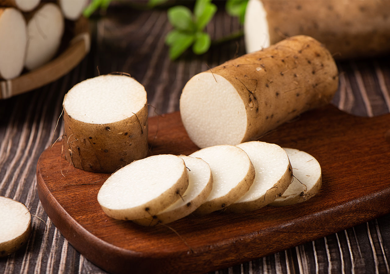 A platter of fresh Chinese yam or huai shan, chopped and prepped for a cooking recipe