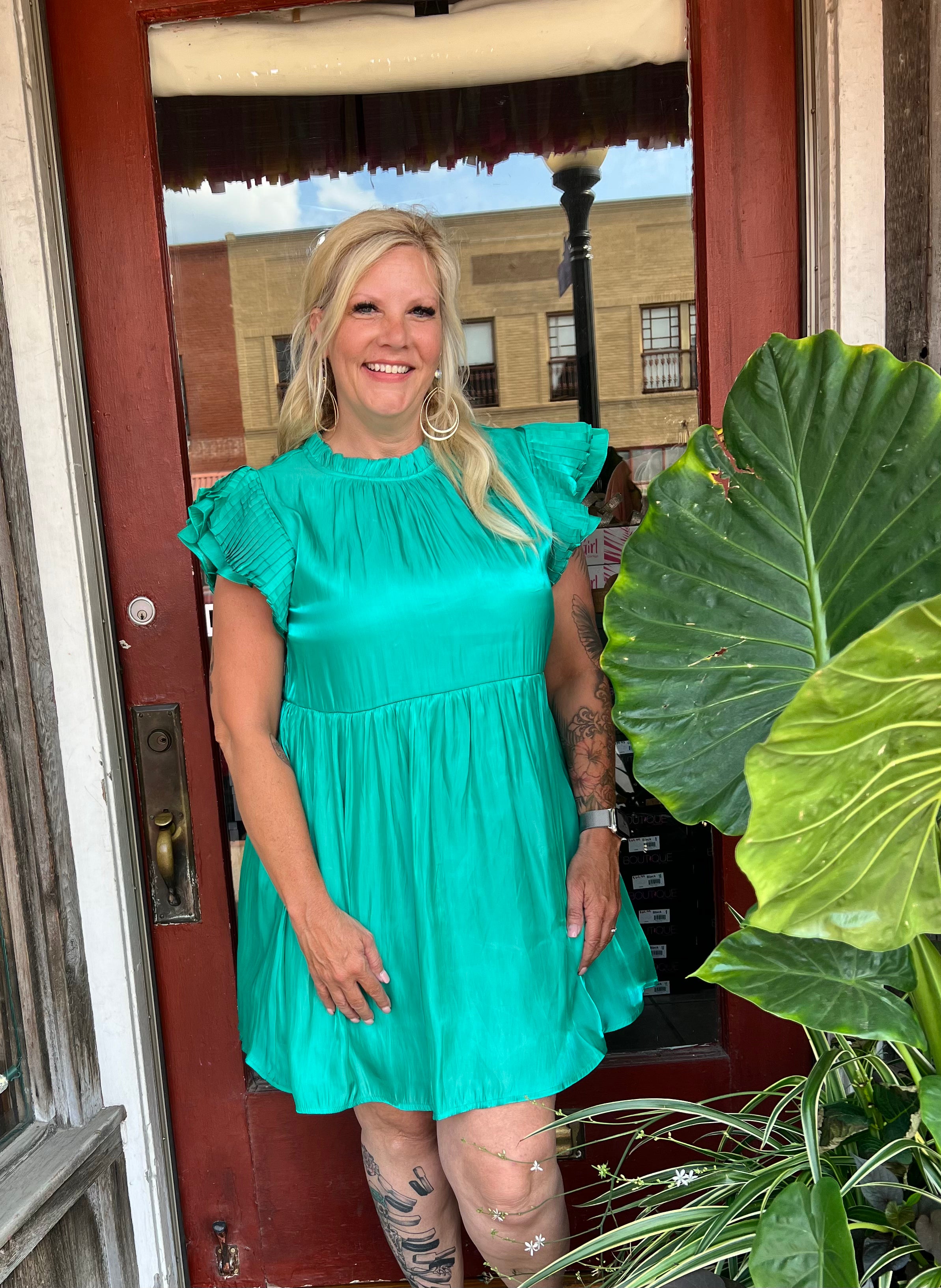 Emerald Silky Ruffled Sleeve dress