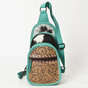Drewzee Turquoise Hide on Hair Tooled Sling Purse - Western Edge Boutique 