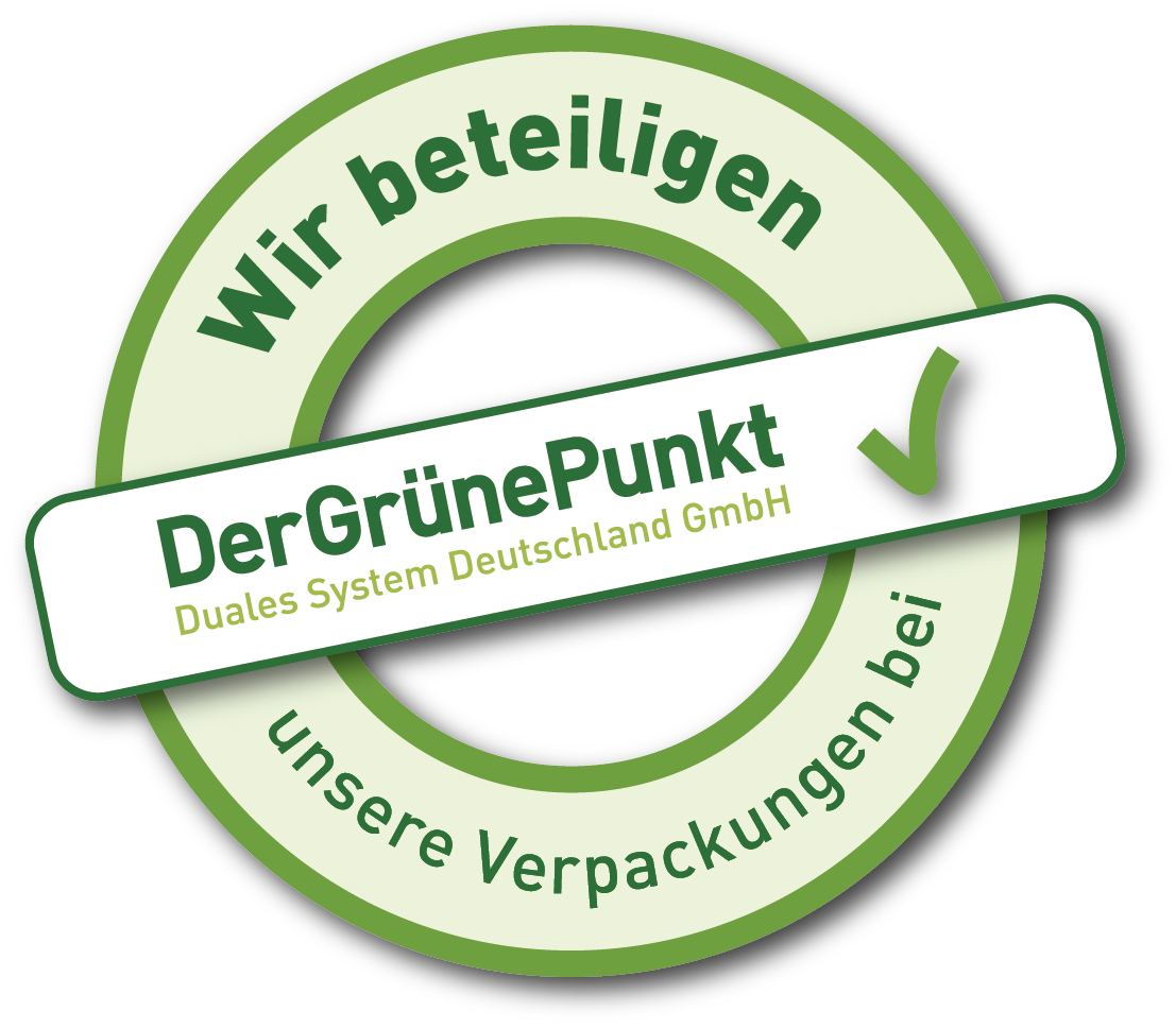 Mit diesem Logo möchten wir zeigen, dass wir Kunde bei Der Grüne Punkt – Duales System Deutschland GmbH sind und unsere Verkaufsverpackungen für Deutschland am dualen System Der Grüne Punkt beteiligen.