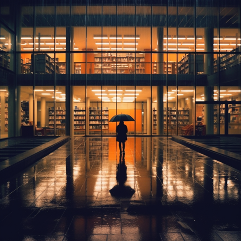 Dark library from outside while its raining | The lights are on inside, glowing with books | Dark Academia Aesthetic