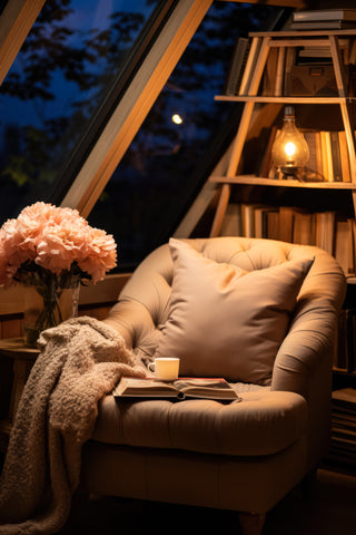 Gorgeous, cozy book nook with soft lighting, candles and blanket | Dark Academia Aesthetic