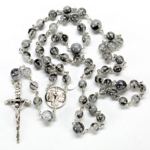 Tourmaline Quartz Men's Rosary - Handmade Gift with Tourmalinated Stones, Sterling Silver and St. John Paul II Crucifix - Handmade Heirloom