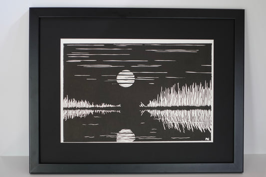 Linocut Print - Mountain & Moon - Large Framed Block Print Wall