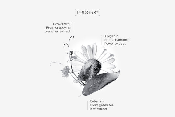 Monochrome botanical illustration with labeled plant extracts: grapevine, chamomile, and green tea.