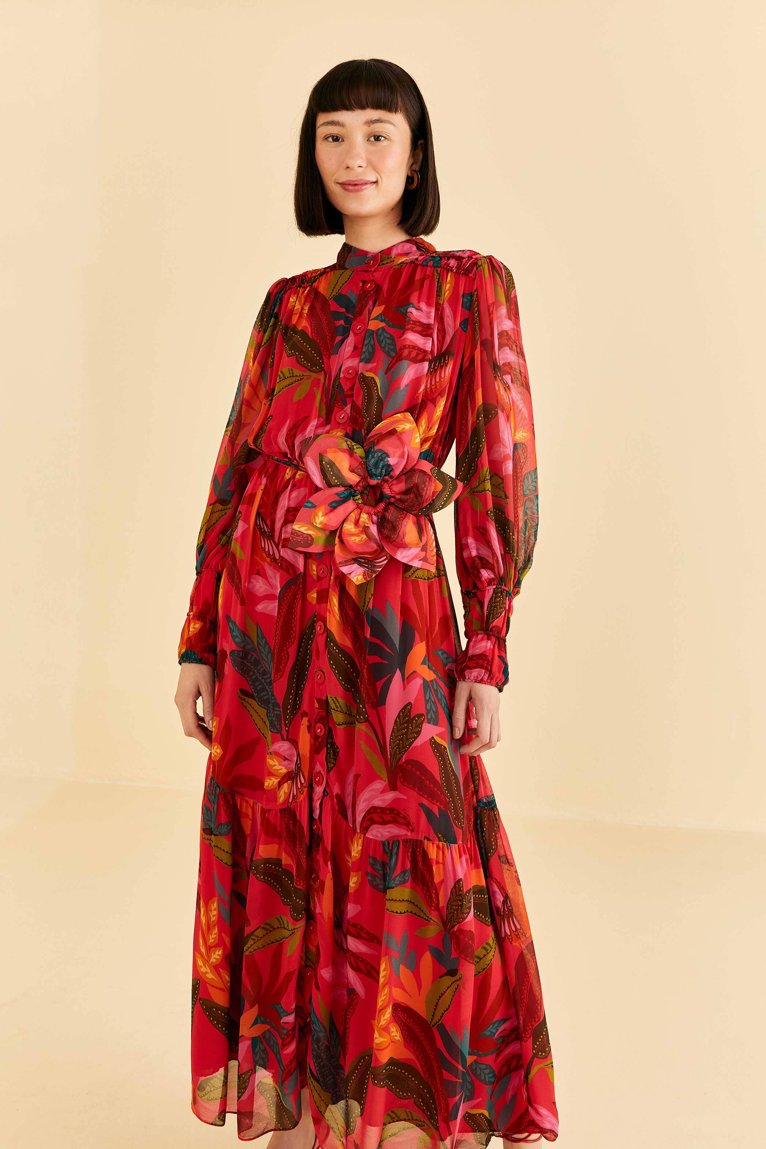 Red Rooster Leaves Long Sleeve Maxi Dress, ROOSTER LEAVES RED / L