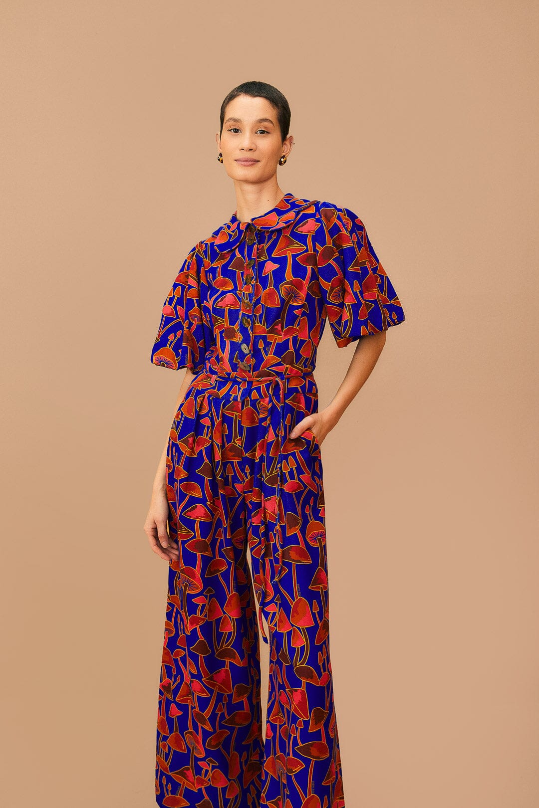 Bright Blue Mushroom Sketch Puff Sleeve Jumpsuit, MUSHROOMS SKETCH BLUE / XL