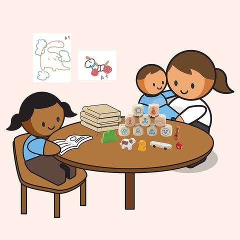 Family participating in homework together at a table