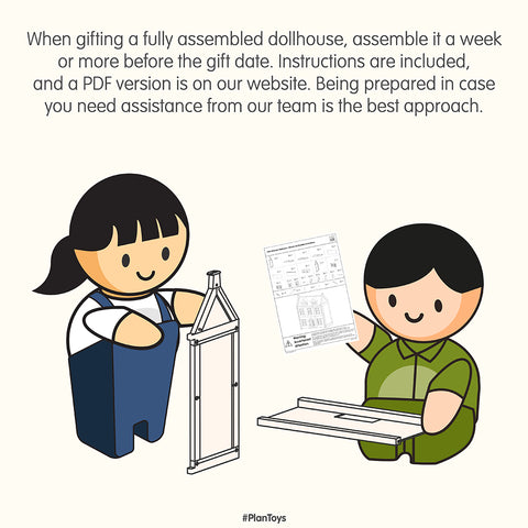 Illustration of 2 people assembling a wooden dollhouse