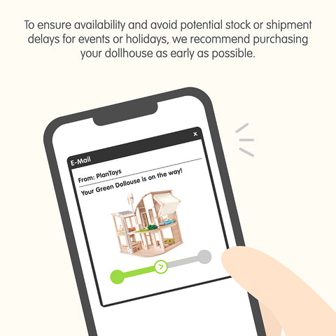Illustration of a hand holding a cell phone that shows a wooden dollhouse has shipped