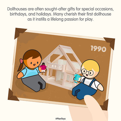 Illustration of a hand holding a photo that shows 2 children playing with a wooden dollhouse