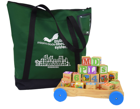 Play It Forward rental tote bag and wooden letter blocks