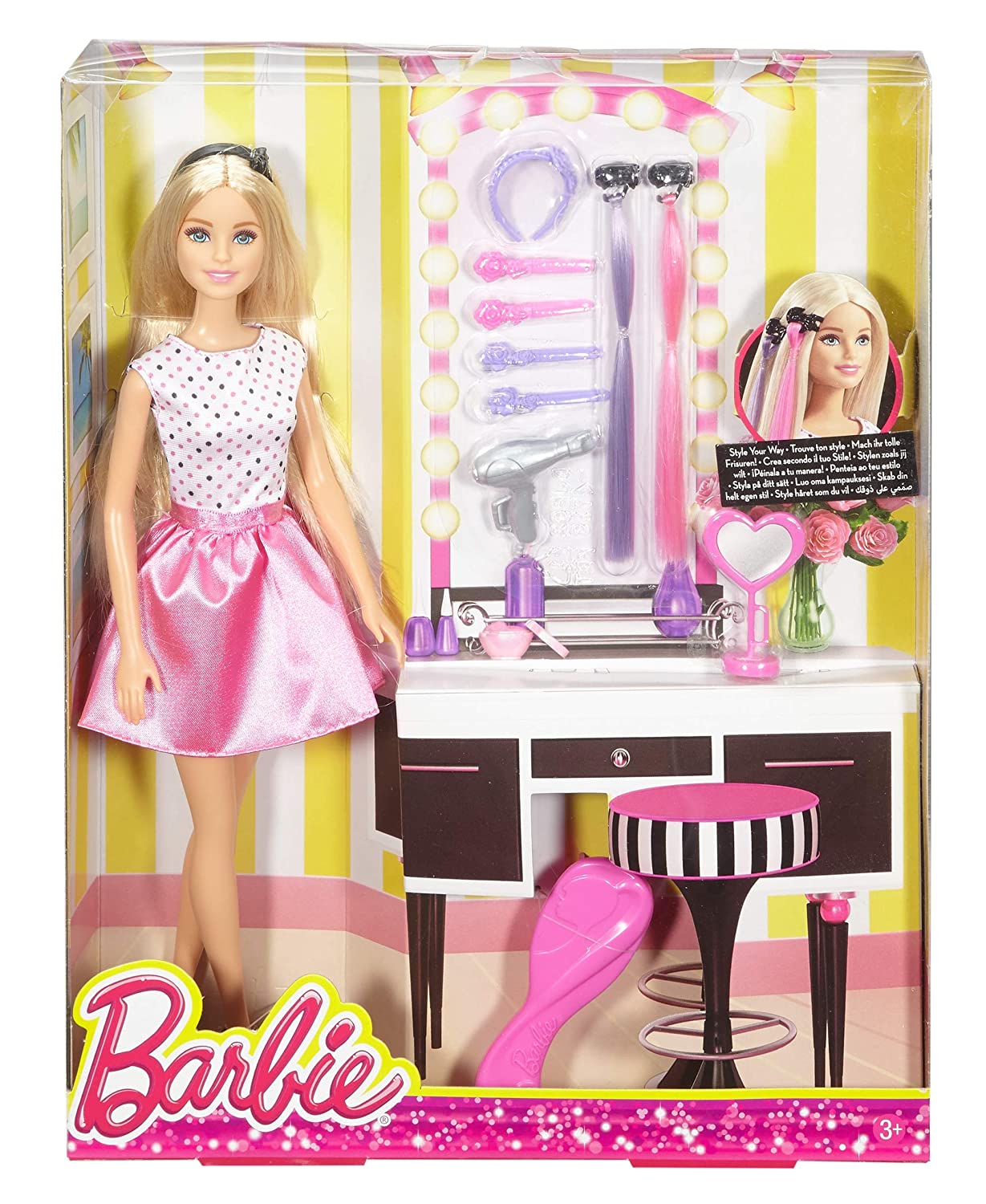 Barbie DJP92 Doll and Playset with hair styling accessories